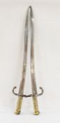 Two 19th century French chassepot bayonets dated 1872 and 1869 and brass drummer's badge (3)
