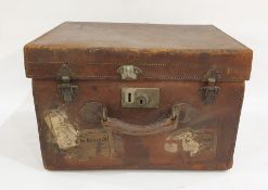 Brown leather hat box emblazoned initials to the lid, various old labels to the body