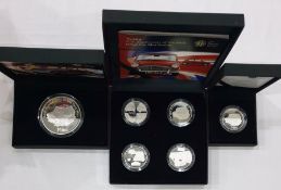 Collection of 50th anniversary Mini car, to include 1 x £5 solid silver coin, 4 x solid silver £5