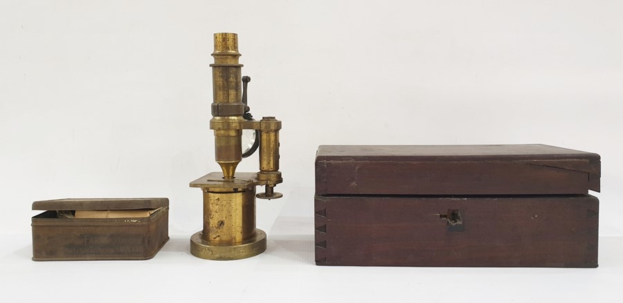 Brass microscope in mahogany case and selection of microscope slides Condition ReportPlease see