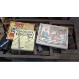 Wooden box of printing blocks and another tray of printing blocks