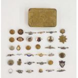 WWI Princess Mary Christmas tin containing a collection of sweetheart badges, military buttons,