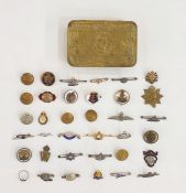 WWI Princess Mary Christmas tin containing a collection of sweetheart badges, military buttons,