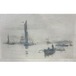 After W L Wyllie,  Etching Shipping on river scene, together with 20th Century, watercolour,