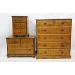 20th century pine bedroom furniture to include chest of two short over four long drawers, bedside