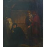 19th century style Oil on canvas Scene of figure in red hat, red robes, standing next to