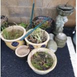 Six various Chinese-style planters of varying sizes and a composite pillared sundial and bird bath