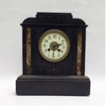 Late 19th century black marble mantel clock of square form, the cream enamelled dial painted with