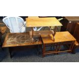 Tile-topped coffee table, a further coffee table and a teak coffee table with two tables under