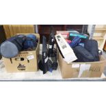 Vintage Roberts radio, two small flatscreen televisions, tripod, cameras, lenses, camera cases,