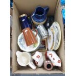 Mixed lot of ceramics and flatware plus pewter beer mug and pair of pottery models, King Charles