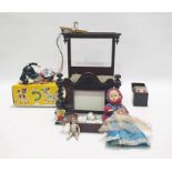 Boxed Pelham puppet 'Cat', miniature celluloid doll, miniature bisque doll and a doll's half-