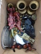 Assorted items to include metal wares, china wares, and treen items (one box)