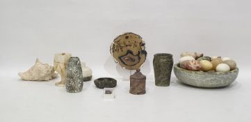 Large collection of onyx and marble stone eggs, a marble and onyx bowl, drinking cups, balls, etc (1