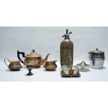 Glass and wire-bound soda syphon, EPNS three-piece tea service and a quantity of various EPNS (2