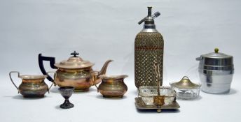 Glass and wire-bound soda syphon, EPNS three-piece tea service and a quantity of various EPNS (2