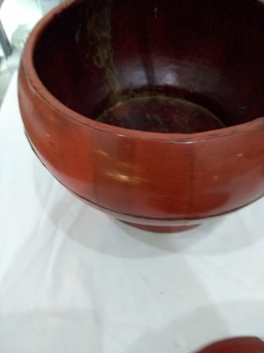 Red lacquer oriental treen rice basket with loop handleCondition Reportoverall condition without - Image 6 of 6