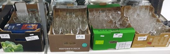 Four boxes of assorted glassware including champage flutes, small tumblers, other wines and sherry