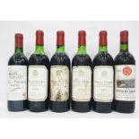 Six assorted bottles of red wine including four bottles Chateau Beaulieu 1975, Lalande-de-Pomerol,