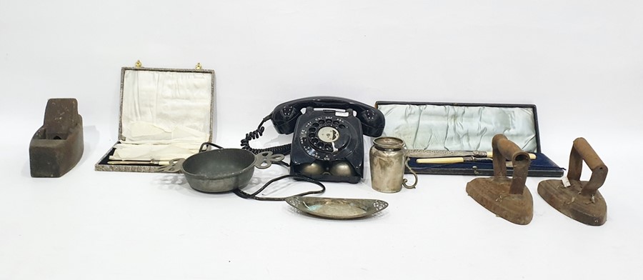 Black bakelite dial phone (damaged), EPNS boxed sets of knives, carving knife and fork, fish