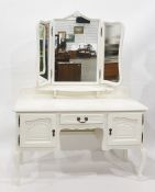 White painted dressing table with three-section mirror above drawer and two cupboard doors, raised