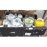 Four boxes of mixed kitchen china including pudding basins, fluted flan dishes, bowls etc together