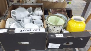 Four boxes of mixed kitchen china including pudding basins, fluted flan dishes, bowls etc together