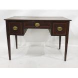 19th century mahogany and satinwood banded dressing table with three assorted drawers, on square