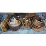 Various baskets including a wicker magazine rack, picnic basket, log basket and others, etc