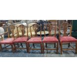 Set of six (4+2) Georgian country chairs with shaped and pierced backsplats and pink upholstered