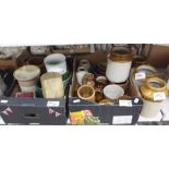 Two boxes of brown glazed storage jars and other items