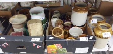 Two boxes of brown glazed storage jars and other items