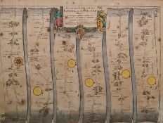 Handcoloured engraved strip map of the continuation of the road from London to the Lands End,