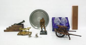 Assorted miscellaneous items to include bronze study of man with ball, set of postal scales,