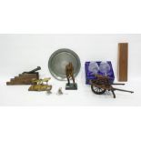 Assorted miscellaneous items to include bronze study of man with ball, set of postal scales,