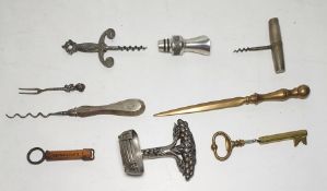 Collection of various novelty and other corkscrews and implements to include one in the form of