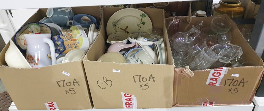 Five boxes of assorted items, ceramics and glassware including champagne saucers, Royal Doulton