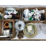 Three boxes of mixed ceramics and other items plus a set of vintage kitchen scales and weights,