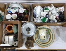 Three boxes of mixed ceramics and other items plus a set of vintage kitchen scales and weights,
