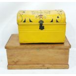 Yellow painted dome-topped tin trunk and a further trunk (2)