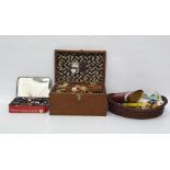 Mahogany box comprising cottons and sewing items, a metal tin containing buttons and a black metal