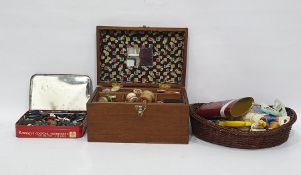 Mahogany box comprising cottons and sewing items, a metal tin containing buttons and a black metal