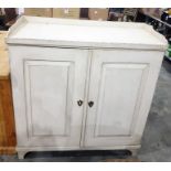 Cream painted 19th century cupboard, the rectangular top three-quarter galleried above two