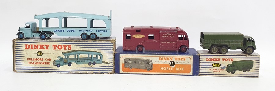 Dinky toys 982 Pullmore Car Transporter (boxed), 581 Horse Box (boxed) and 622 10-Ton Army Truck (