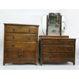 20th century oak chest of three drawers above two cupboard doors and a dressing chest with three-