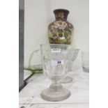 Early 19th century large drinking glass, a moulded glass sweet dish, a green basket and a