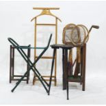 Assortment of items to include umbrella stand, tennis rackets, folding seat, etc