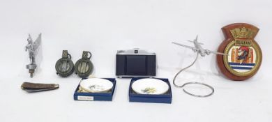 Pair of Stanley London military-style compasses in leather pouches, a Sultan plaque,  two Royal