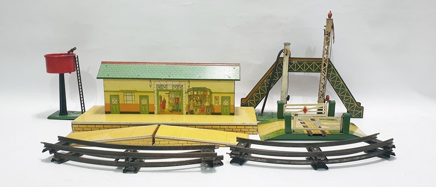 Quantity of Hornby '0' gauge tinplate model railway and equipment to include No.2 turntable,