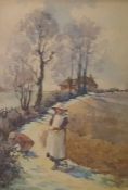 G E Hall Watercolour drawing  Girls harvesting, signed lower left, 34cm x 23.5cm Condition ReportTHe